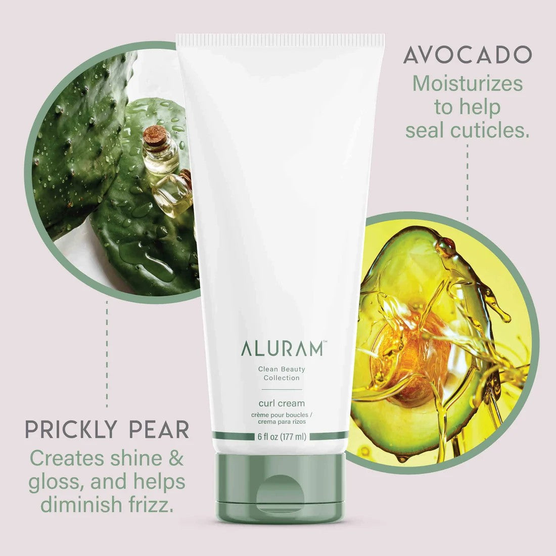 ALURAM curl cream tube with avocado and prickly pear images on a light pink background