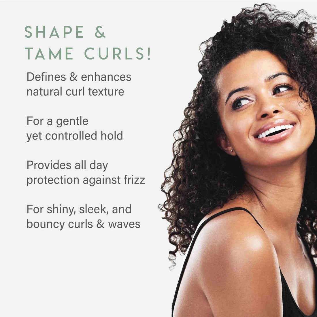 Woman with curly hair smiling, with text about hair care product benefits.