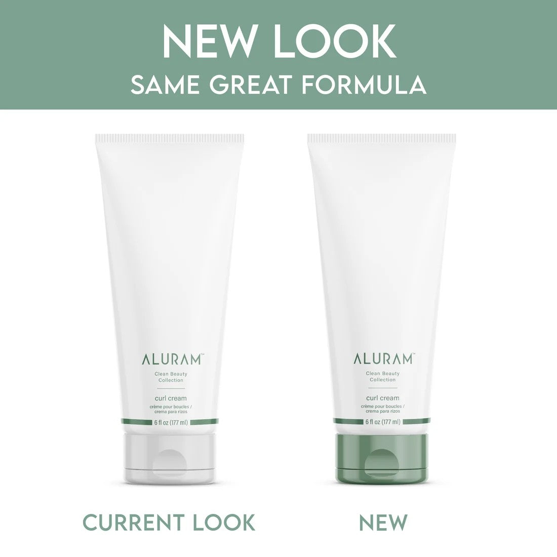 Two white Aluram curl cream tubes shown side by side on a white background with a sage green header reading 'NEW LOOK SAME GREAT FORMULA' and labels 'CURRENT LOOK' and 'NEW' below.