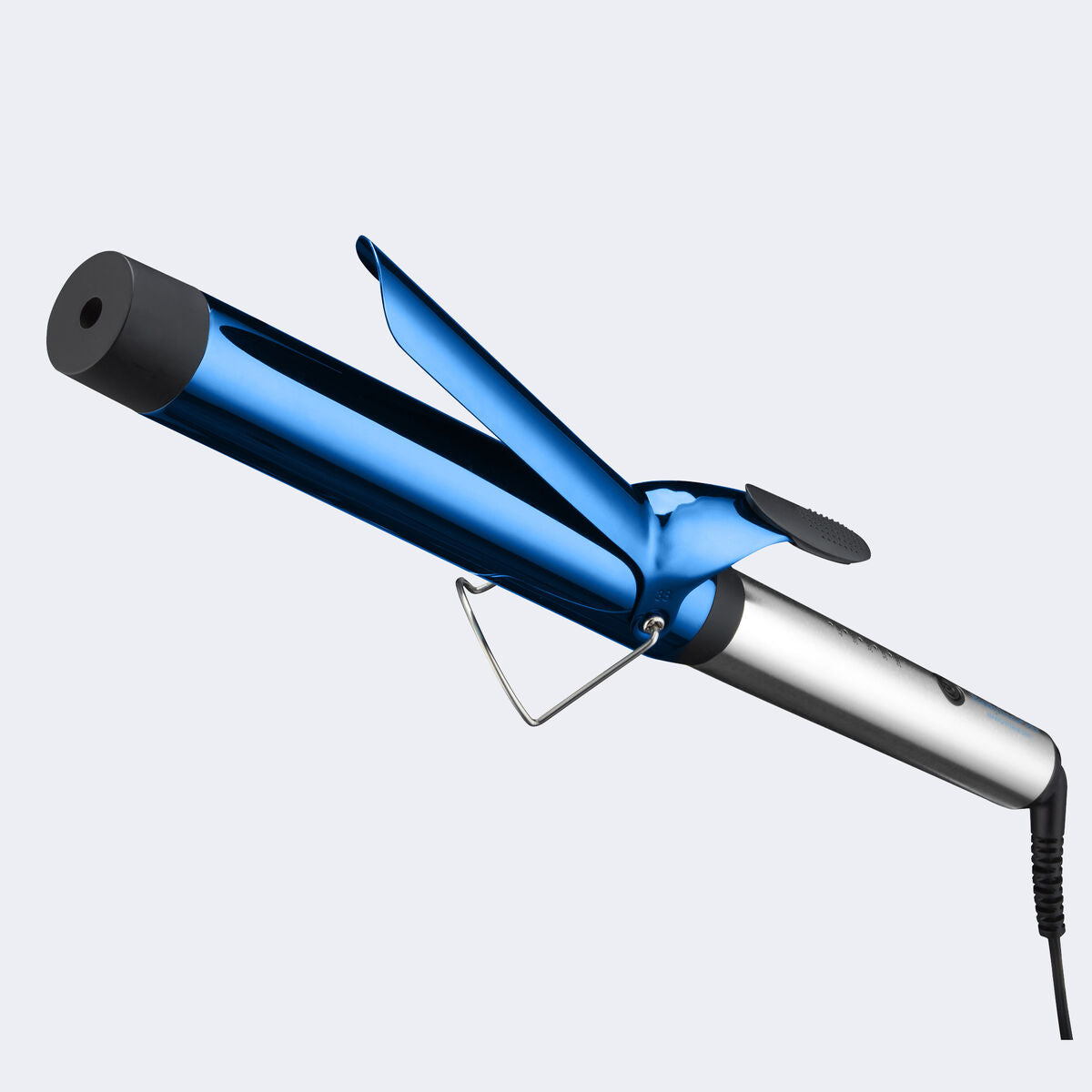 Blue and silver curling iron on a light gray background